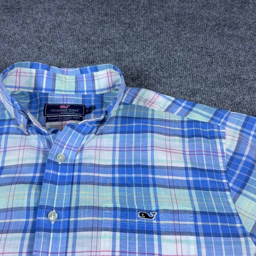 Vineyard Vines Classic Fit Tucker Shirt Men Medium Blue Plaid Long Sleeve Cotton